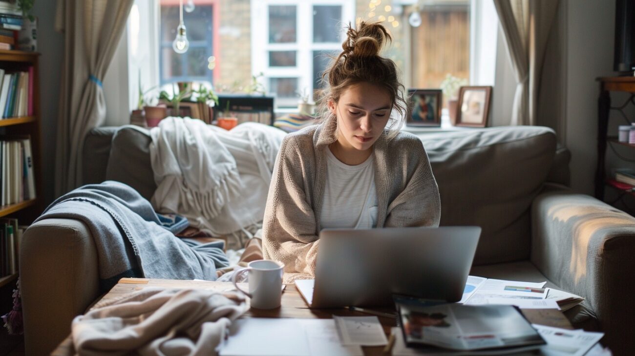 a female London tenant, late 20s, sitting on a slightly worn fabric sofa in a small rented London flat