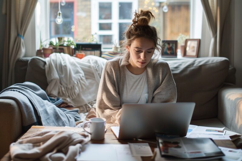 a female London tenant, late 20s, sitting on a slightly worn fabric sofa in a small rented London flat