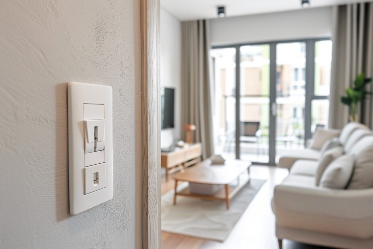 a freshly cleaned white plastic light switch mounted on a wall beside a living room doorframe in a modern London apartment