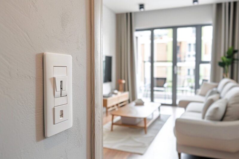 a freshly cleaned white plastic light switch mounted on a wall beside a living room doorframe in a modern London apartment