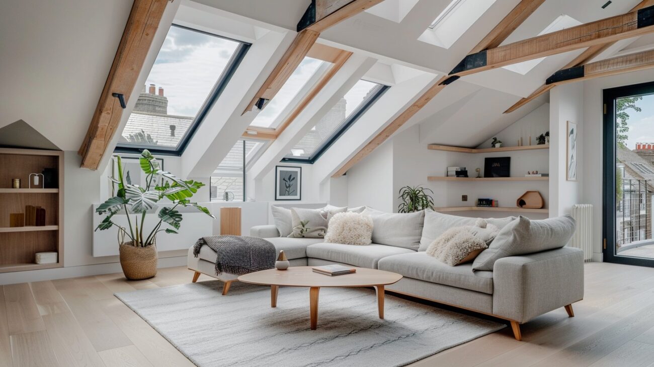 Central London loft conversion, open-plan attic living space, pitched roof with exposed wooden beams, large skylights and dormer window