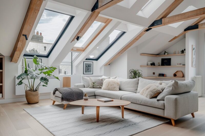 Central London loft conversion, open-plan attic living space, pitched roof with exposed wooden beams, large skylights and dormer window