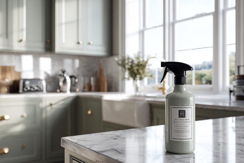 house cleaning detergent bottle, placed on a polished white and grey veined marble kitchen countertop
