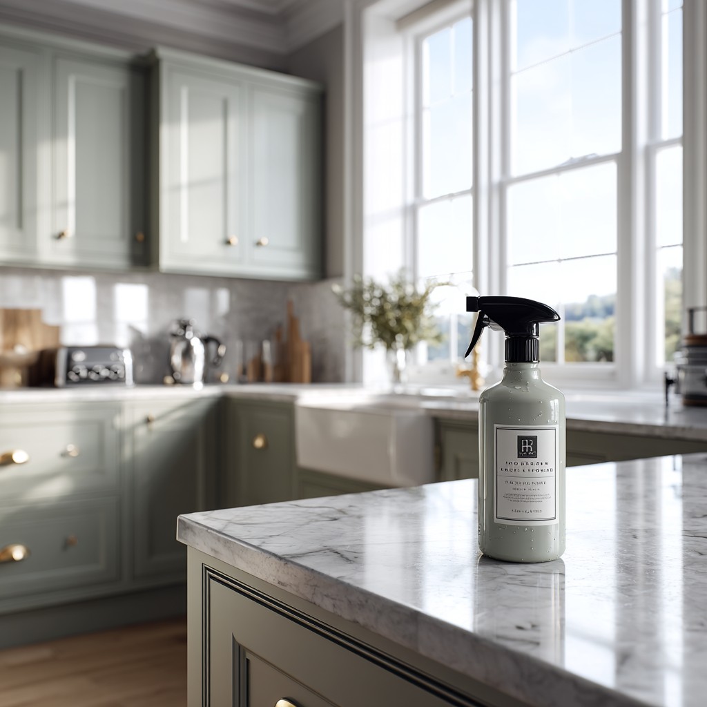 house cleaning detergent bottle, placed on a polished white and grey veined marble kitchen countertop